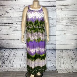 Dressbarn Woman Size 16 Purple & Green Chevron Stripe High-Neckline Maxi Dress